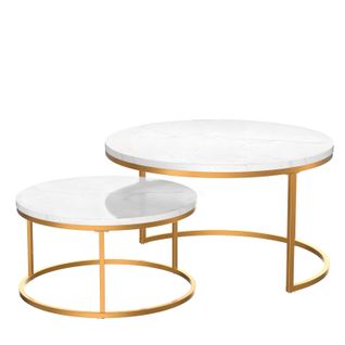 Ensemble De Deux Tables Basses Gigognes Rondes Pour Le Salon, Blanches Et Dorées, Design Moderne.