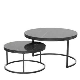 Table Basse Nesting Moderne, Set De 2 Tables Rondes, Plateau Marbré Brillant, Cadre Noir