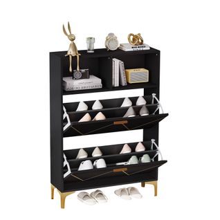 Meuble à Chaussures 80x25x117 Cm Avec 2 Abattants, 4 Compartiments, Étagères Semi-ouvertes