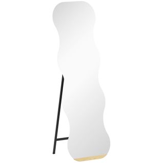 Miroir Sur Pied 160x50 Cm Sans Cadre Noir, Silhouette Ondulée Design Et Base En Pin