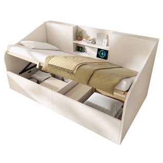 Lit Simple 90x190 Cm Avec Coffre Relevable Hydraulique Blanc