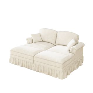 Canapé Modulable 2 Places En Chenille Blanche, Jupes Amovibles Deux Looks, Pouf Mobile