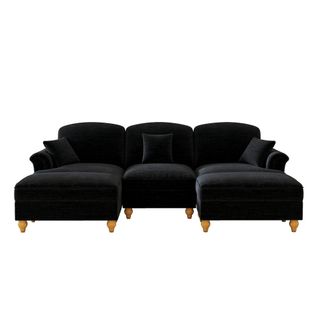 Canapé Modulable En Chenille Noir, Jupe Amovible Deux Styles Et Pouf Mobile Inclus