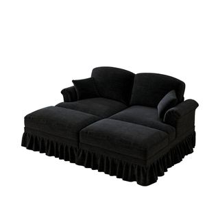 Canapé Modulable 2 Places En Chenille Noire,jupe Amovible,dossier Segmenté Et Pouf Mobile