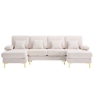 Canapé D'angle En U 265x135 Cm En Velours Beige, Éclairage LED D'ambiance Et Port USB