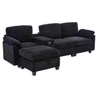 Canapé 266x136cm En Velours Côtelé Noir Console Coulissante Avec Porte-gobelets USB-c