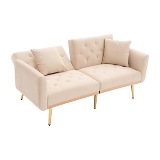 Canapé-lit D'appoint 165x72,5x75 Cm En Velours Beige, Dossier 3 Positions, Pieds Métal Doré