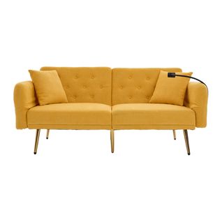 Canapé-lit 2 Places 173x78 Cm Chenille Jaune, Dossier 3 Positions, Ports USB, Poche Et 6 Pieds Métal