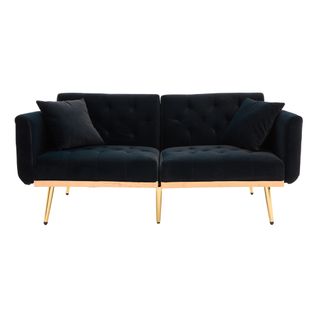 Canapé-lit Adulte 165x72,5 Cm En Velours Noir, Dossier 3 Positions Et Pieds Métal Doré Élégants