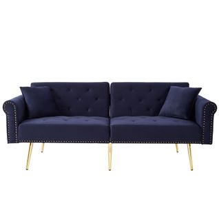 Canapé-lit 147x85 Cm En Velours Bleu Antique, Dossier Double 3 Positions Et Pieds Métal Doré