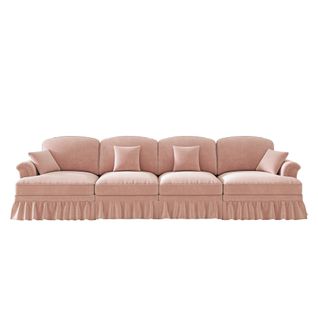 Canapé 4 Places Modulable En Chenille Rose, Jupe Amovible Et Pieds Tournés - Style Mid-century