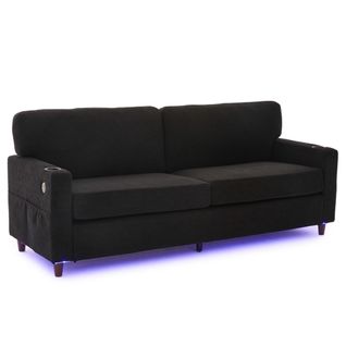Canapé 2 Places 203x77,5x86 Cm En Chenille Noire, Rembourrage Haute Densité, LED Et Ports USB‑c