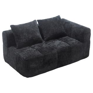 Canapé 2 Places 158x90 Cm En Chenille Noire, Chaise Longue Ergonomique Et Coussin Inclus