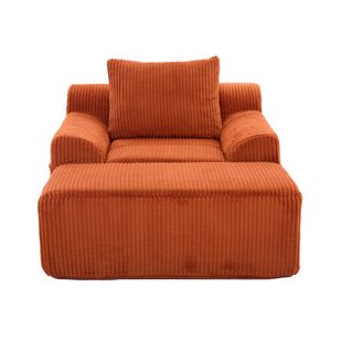 Fauteuil Grand En Velours Côtelé Orange, Assise Profonde, Repose-pieds Et Poches Latérales