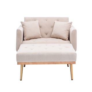 Canapé D'appoint 165x90 Cm En Velours Beige, Dossier Réglable 105°/140°/180° Et 2 Coussins