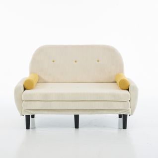 Canapé D'appoint 3-en-1 Velours Côtelé Ivoire, Dossier Réglable Et Coussins Ronds, Armature Fer