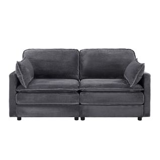 Canapé 2 Places En Tissu Côtelé Gris, Structure Et Pieds Bois, Design Moderne Et Épuré