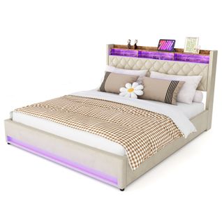 Lit Rembourré 180×200 Cm Avec Rangement, Éclairage LED, USB/type-c, Grand Espace De Stockage, Beige
