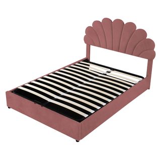 Lit Coffre 140x200 Cm Avec Structure En Velours Rose Et Tête De Lit Florale