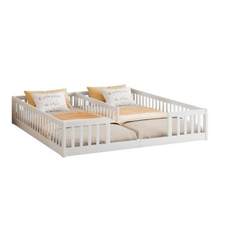 Lit Enfant 2x 90x200 Cm En Pin Et Mdf Blanc, Barrières De Sécurité Intégrées Et Sommier à Lattes