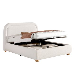 Lit Coffre 160x200 Cm Avec Sommier Relevable Bouclé Blanc