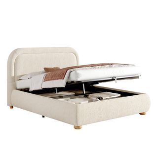 Lit Coffre 140x190 Cm Avec Sommier à Lattes Tissu Bouclé Beige