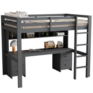 Lit Mezzanine 90x200 Cm Avec Espace De Rangement Et Bureau Intégré Gris