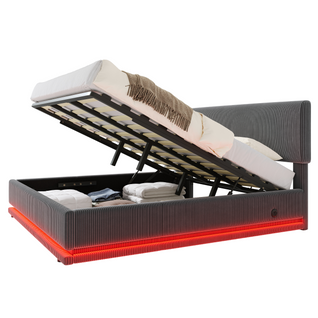 Lit Coffre 180x200 Cm Avec Sommier à Lattes Tissu En Velours Côtelé Gris Foncé