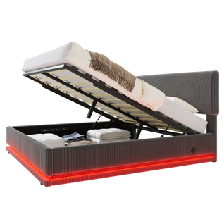 Lit Coffre 140x200 Cm Avec Rangement Sous Lit Tissu Côtelé Gris Foncé