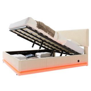 Lit Coffre 180x200 Cm Avec Rangement Intégré En Velours Côtelé Beige