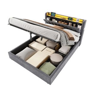 Lit 140x200 Tête De Lit LED Rangement，rangement Hydraulique，gris