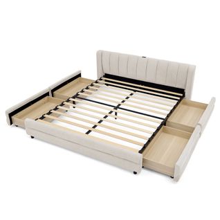 Lit Coffre 160x200 Cm Avec Tiroirs De Rangement Tissu Chenille Beige