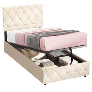 Lit Coffre 90×190 Cm En Velours Beige Clair, Capitonné, Avec Sommier Relevable