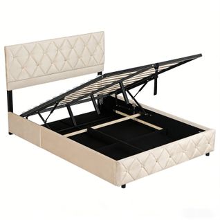 Lit Coffre 140×200 Cm En Velours Beige Clair, Capitonné, Avec Sommier Relevable