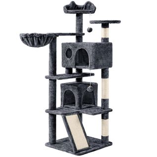 Arbre À Chat 3 Plateformes 2 Niches 2 Pompons Suspendus Hauteur 139 Cm Gris Foncé