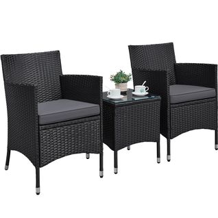 Salon De Jardin 2 Personnes En Rotin Polyester Avec 1 Table Basse Et 2 Fauteuils, Noir/gris