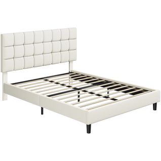 Cadre De Lit Capitonné Carré Tête De Lit Réglable En Hauteur Lit Double 160 × 200 Cm Beige