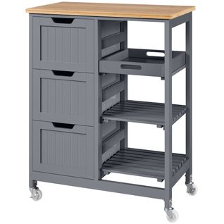 Chariot à Roulettes Cuisine En Bois Avec 3 Tiroirs Et 3 Etagères, Gris Foncé