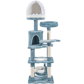 Arbre à Chat Avec Niche Effet Requin Avec Hamac Cachette Perchoir Poteau En Sisal, Bleu/blanc
