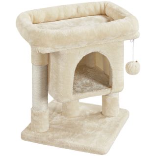 Petit Arbre à Chat 2 Niveaux Avec Cachette Perchoir Niche Poteaux Griffoir Pompon, Beige