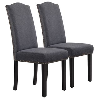 Lot De 2 Chaises De Salle à Manger En Tissu Avec Haut Dossier Et Pieds En Bois Massif, Gris Foncé