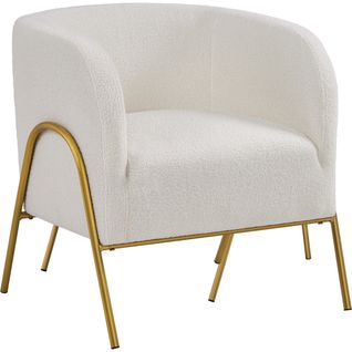Fauteuil De Salon Scandinave Fauteuil Arrondi En Tissu Bouclé Avec Pieds En Métal Doré, Ivoire