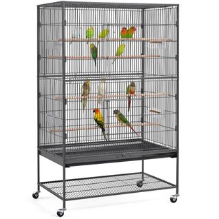 Grande Cage à Oiseaux Sur Pied En Métal Forgé Avec Étagère De Rangement, Noir