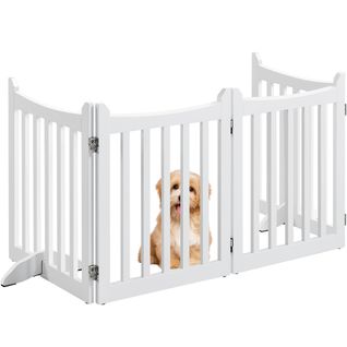 Barrière De Sécurité Pliable En 4 Panneaux Barrière Chien En Bois Avec Pieds De Support, Blanc