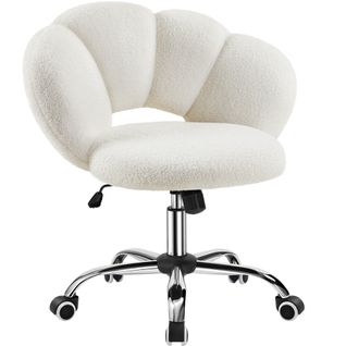 Chaise De Bureau En Tissu Bouclette Avec Dossier Rebondi Et Assise Réglable En Hauteur, Blanc