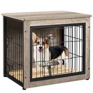 Cage Pour Chien En Bois Avec 2 Portes à Double Serrure Et Tapis Pelucheux Antidérapant, Gris