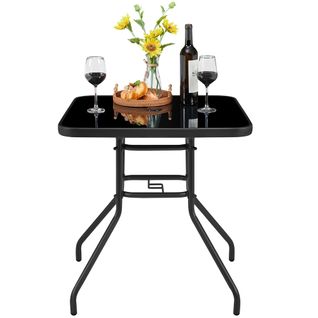 Table De Jardin Avec Trou Pour Parasol Table D'appoint Carrée En Verre Et Cadre En Métal, Noir