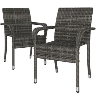 Lot De 2 Fauteuils De Jardin En Rotin Synthétique Avec Accoudoirs Et Cadre En Métal, Gris