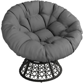 Chaise Papasan Avec Coussin Épais Rotative Grand Coussin Rond En Polyrotin, Noir / Gris