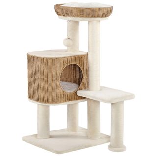 Arbre à Chat En Polyrotin Avec Griffoir En Sisal Et Panier Tressé 91 Cm De Haut Beige